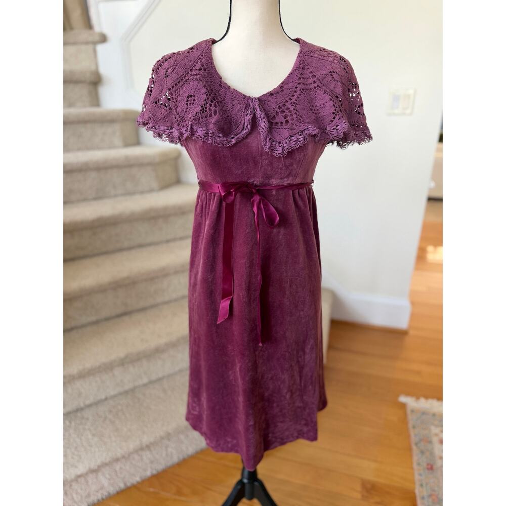 Vintage 70s Purple Velvet Lace Peter Pan Collar Bow Tie Midi Dress Boho Coquette